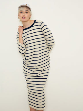 Beige & Navy Stripes Long Sleeves T-Shirt Maxi Dress-SASSAFRAS BASICS