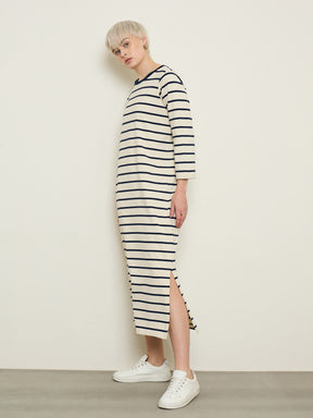 Beige & Navy Stripes Long Sleeves T-Shirt Maxi Dress-SASSAFRAS BASICS
