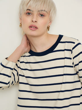 Beige & Navy Stripes Long Sleeves T-Shirt Maxi Dress-SASSAFRAS BASICS