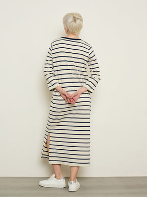 Beige & Navy Stripes Long Sleeves T-Shirt Maxi Dress-SASSAFRAS BASICS