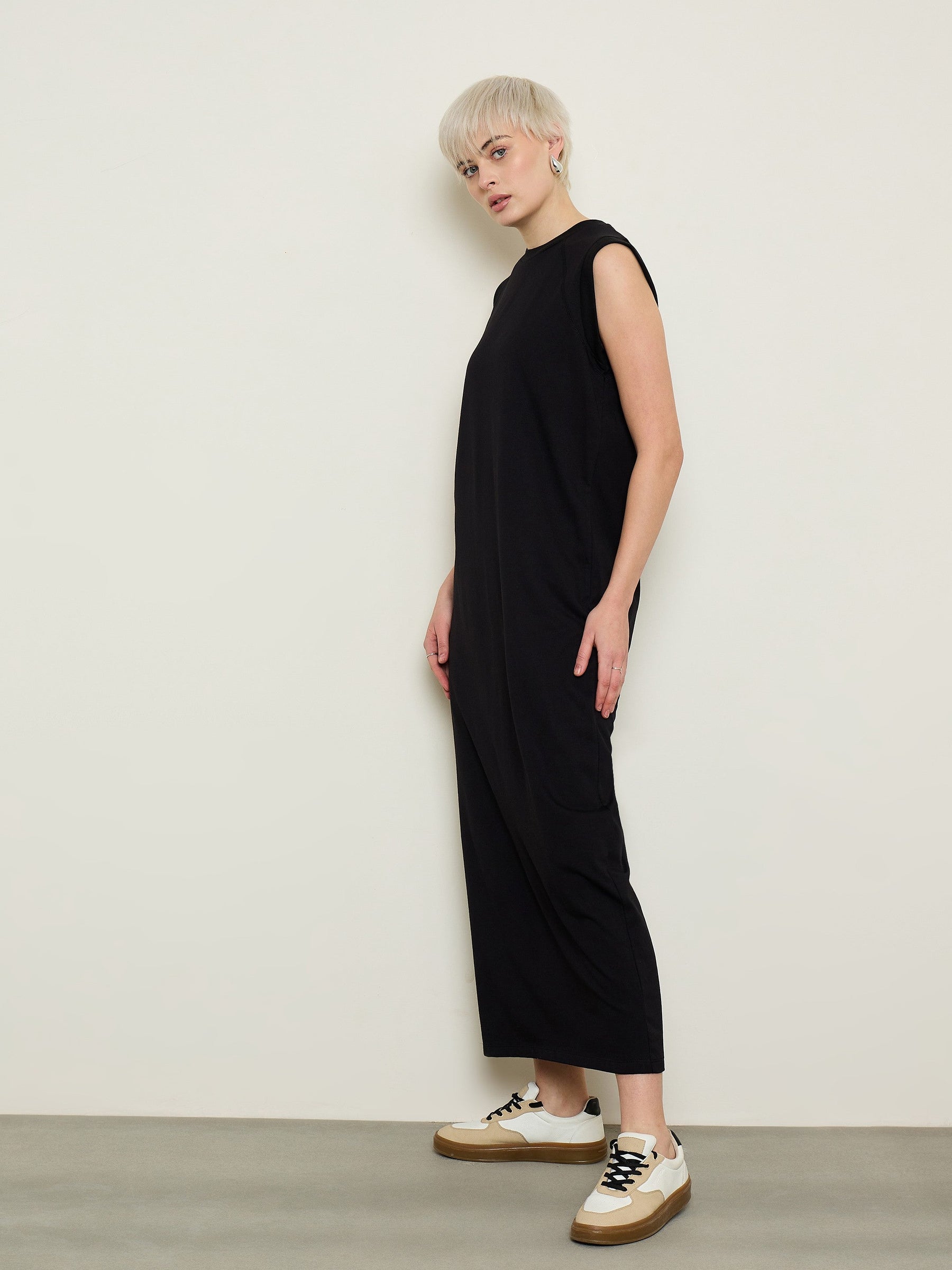Black Cap Sleeves Oversized T-Shirt Dress-SASSAFRAS BASICS