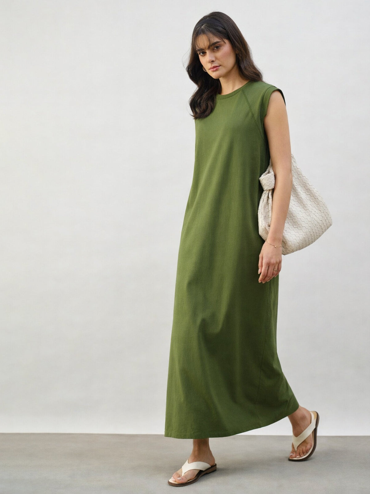 Olive Cap Seleeves Oversized T-Shirt Dress-SASSAFRAS BASICS