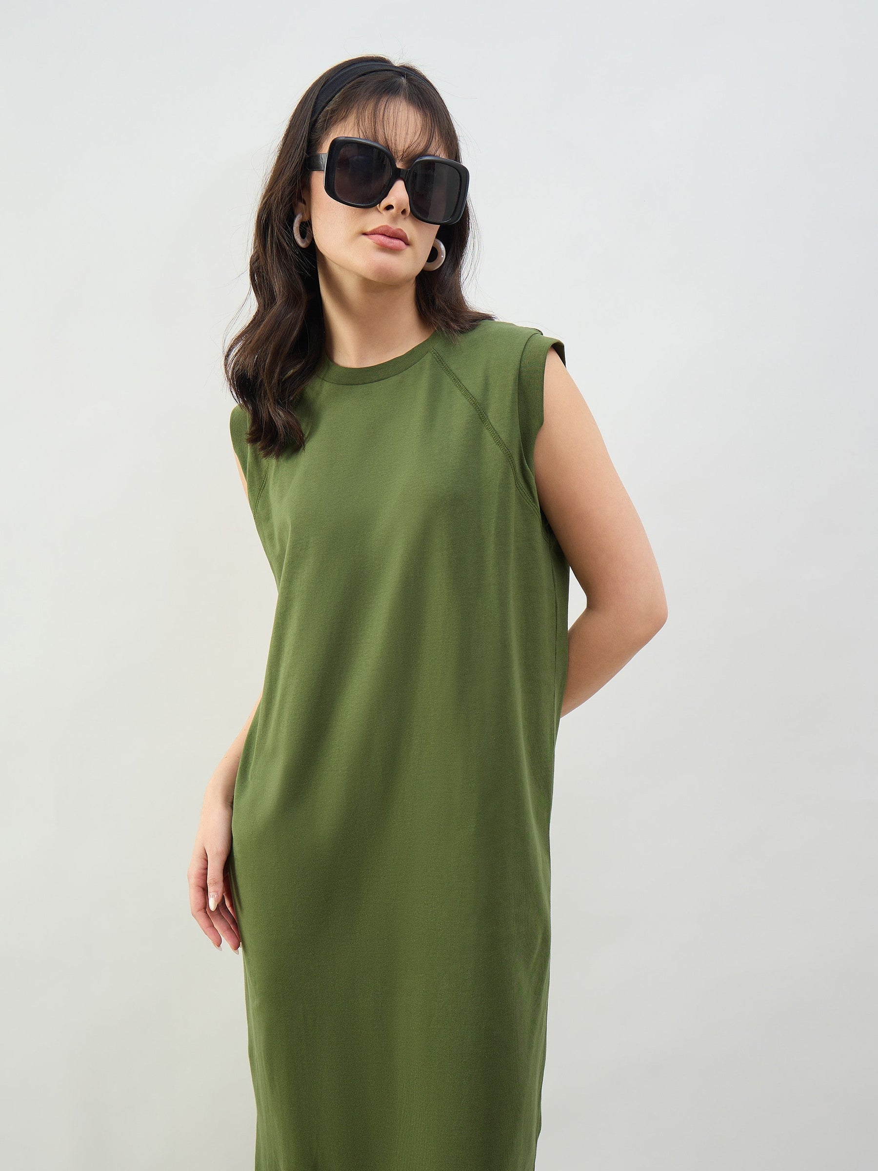 Olive Cap Seleeves Oversized T-Shirt Dress-SASSAFRAS BASICS