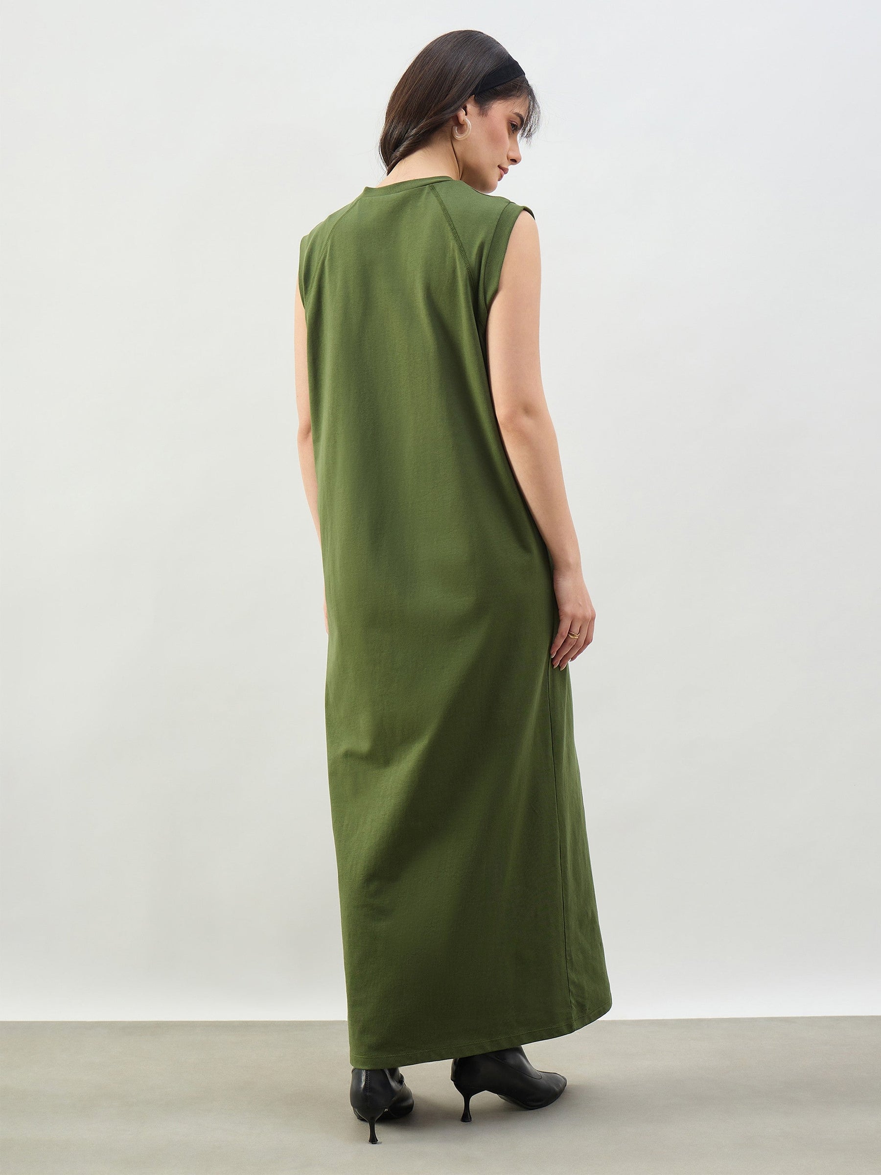 Olive Cap Seleeves Oversized T-Shirt Dress-SASSAFRAS BASICS