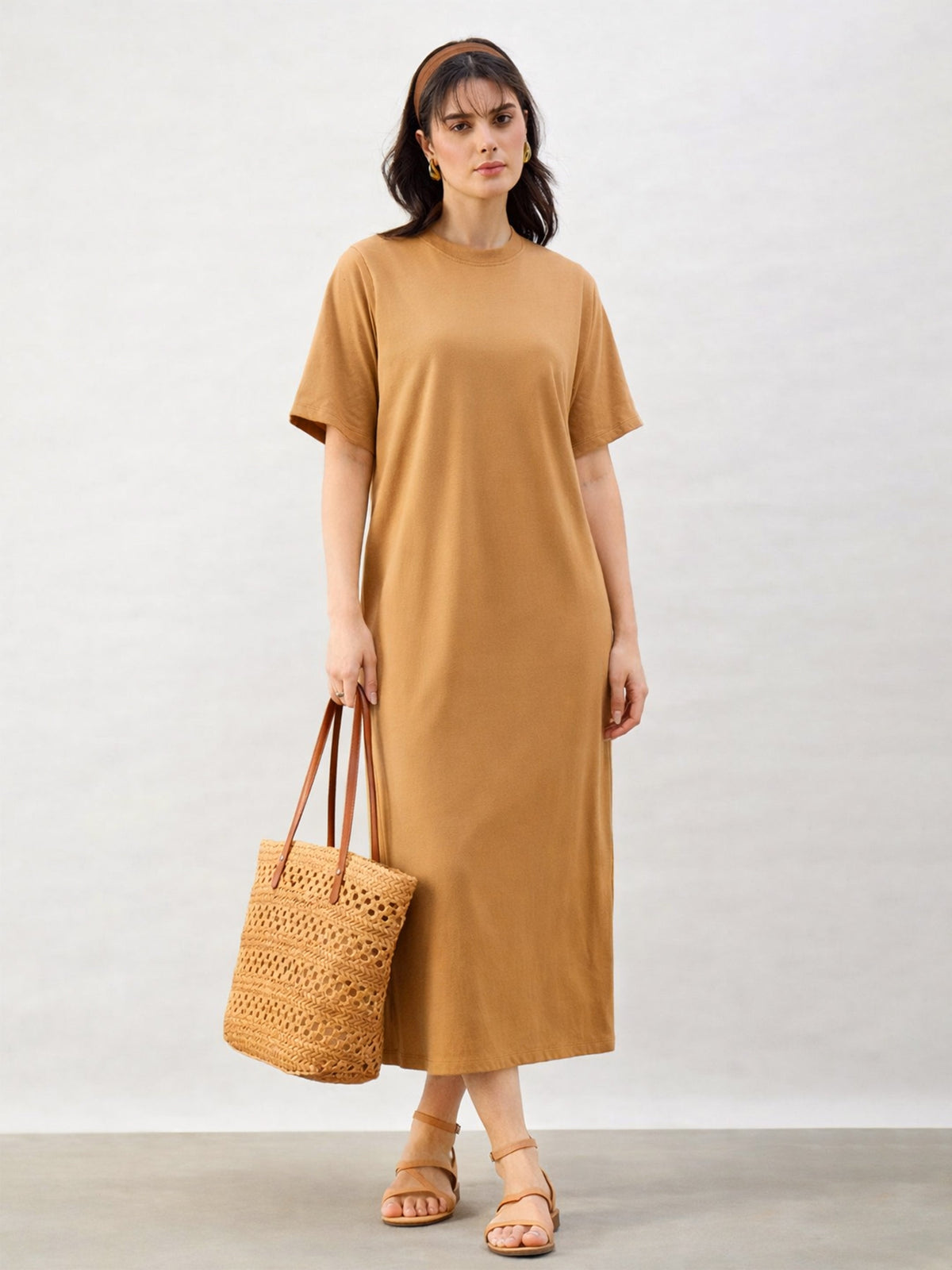 Tan Oversized T-Shirt Dress-SASSAFRAS BASICS