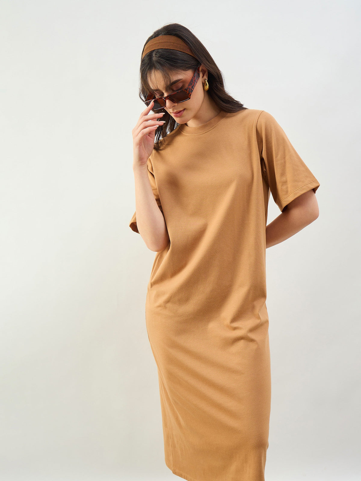 Tan Oversized T-Shirt Dress-SASSAFRAS BASICS