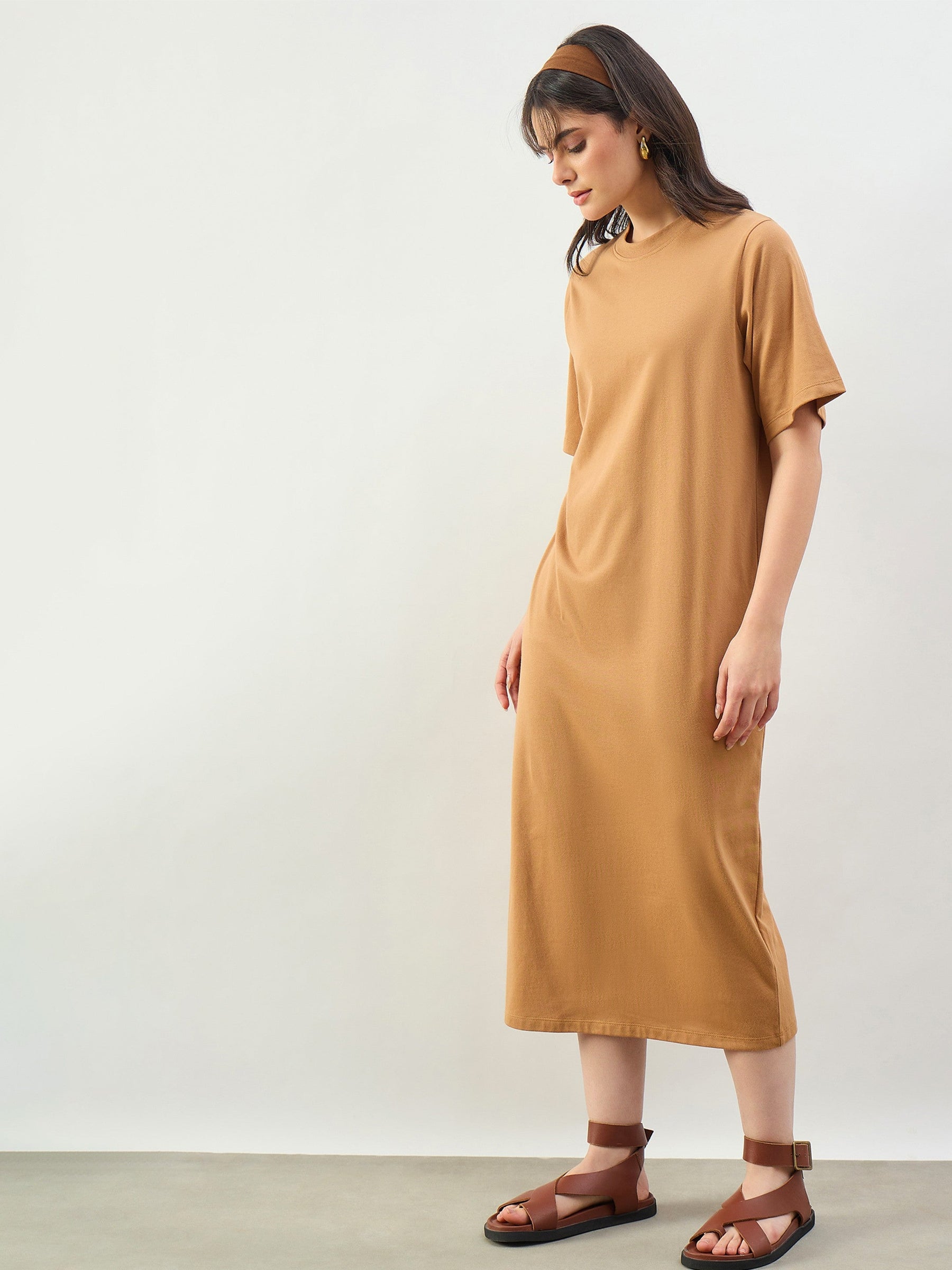 Tan Oversized T-Shirt Dress-SASSAFRAS BASICS