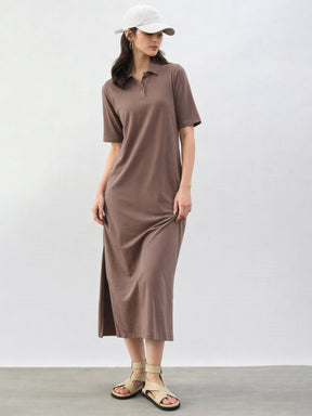 Taupe Oversized Polo Neck T-Shirt Dress-SASSAFRAS BASICS