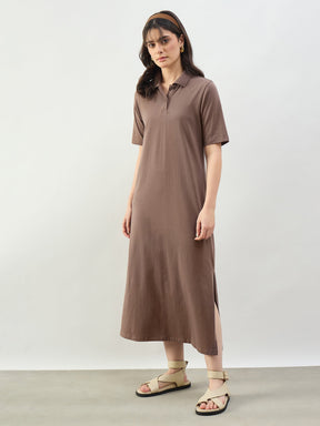 Taupe Oversized Polo Neck T-Shirt Dress-SASSAFRAS BASICS