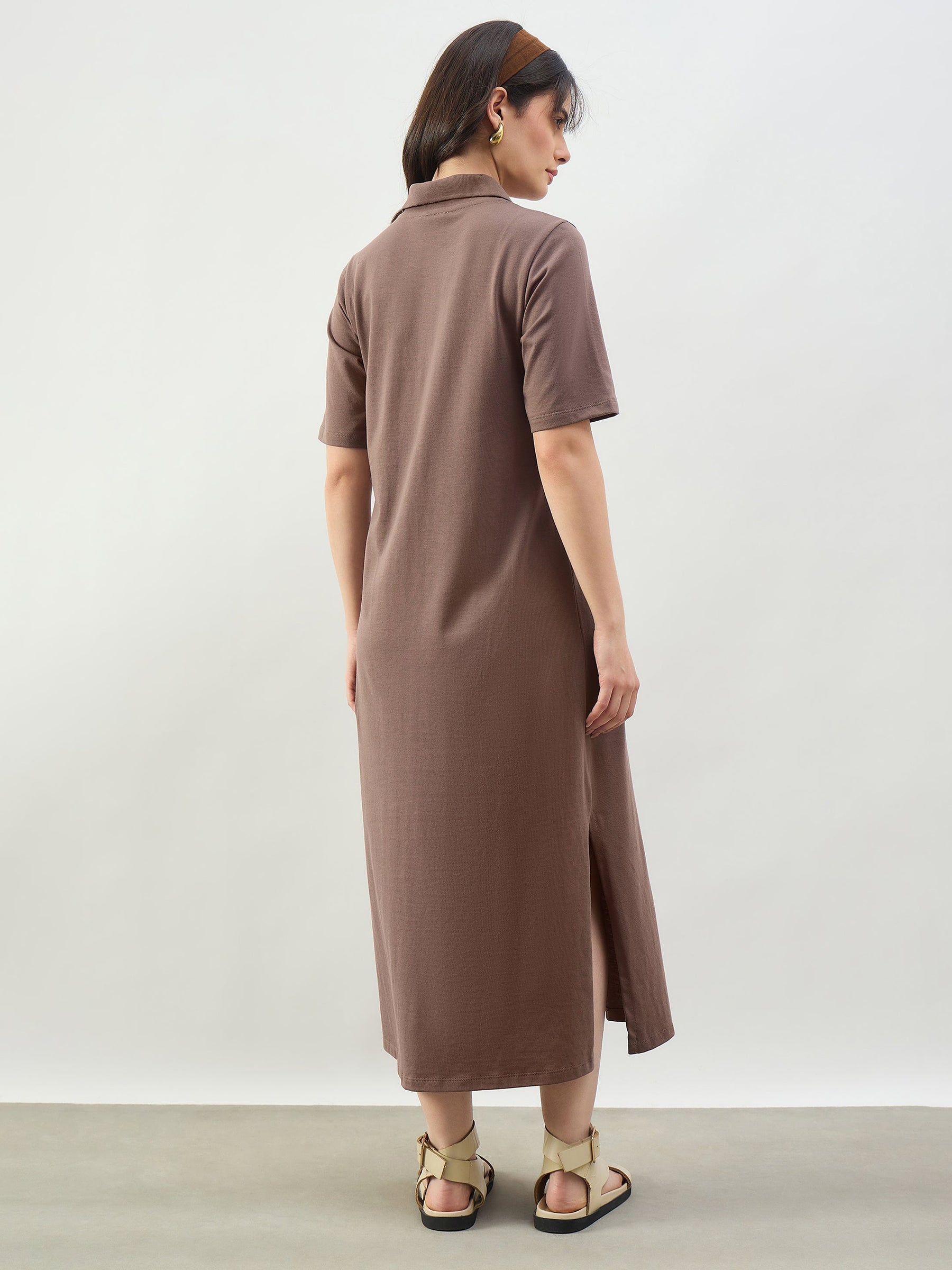 Taupe Oversized Polo Neck T-Shirt Dress-SASSAFRAS BASICS
