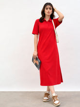 Red Oversized Polo Neck T-Shirt Dress-SASSAFRAS BASICS