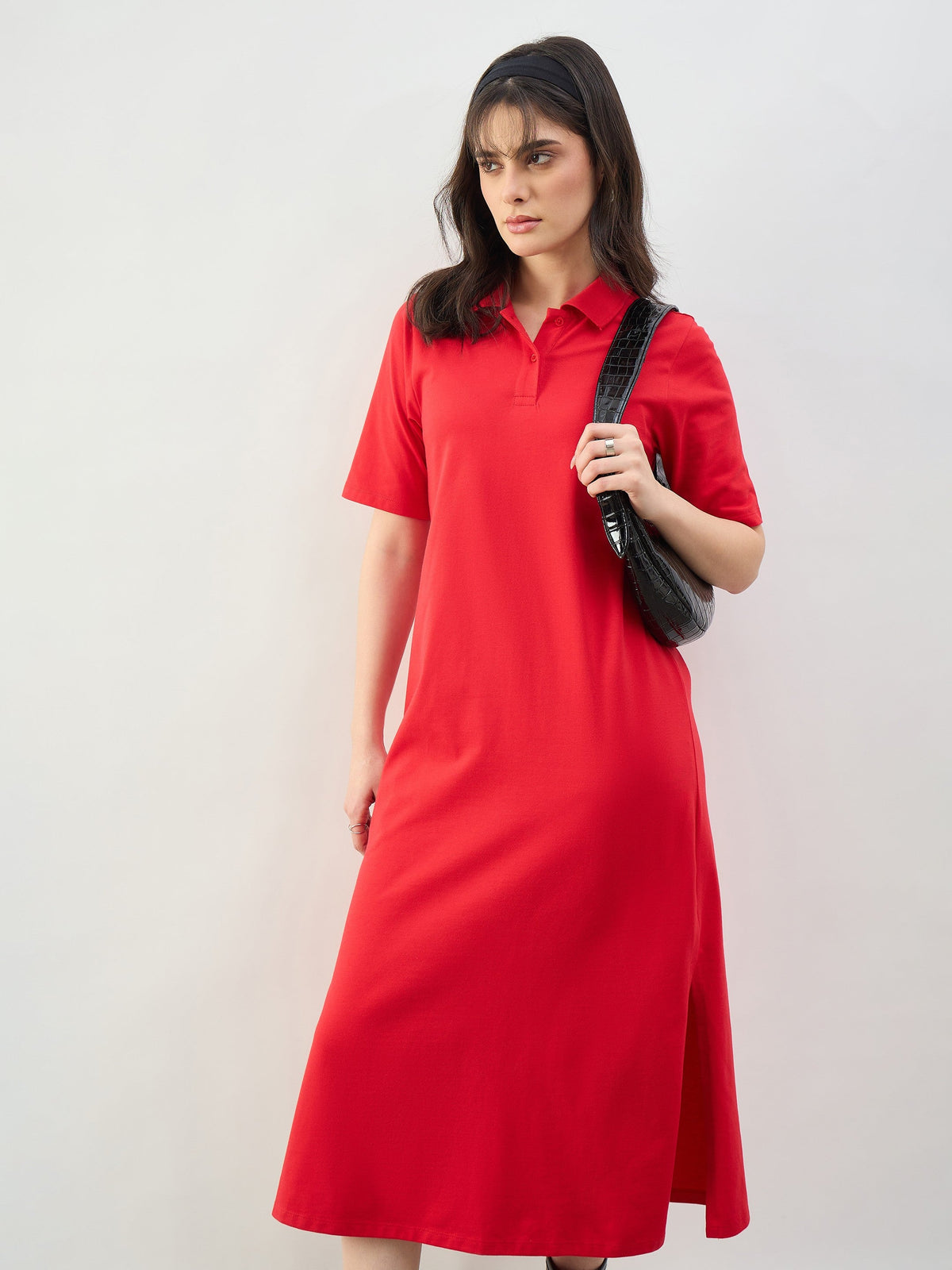 Red Oversized Polo Neck T-Shirt Dress-SASSAFRAS BASICS