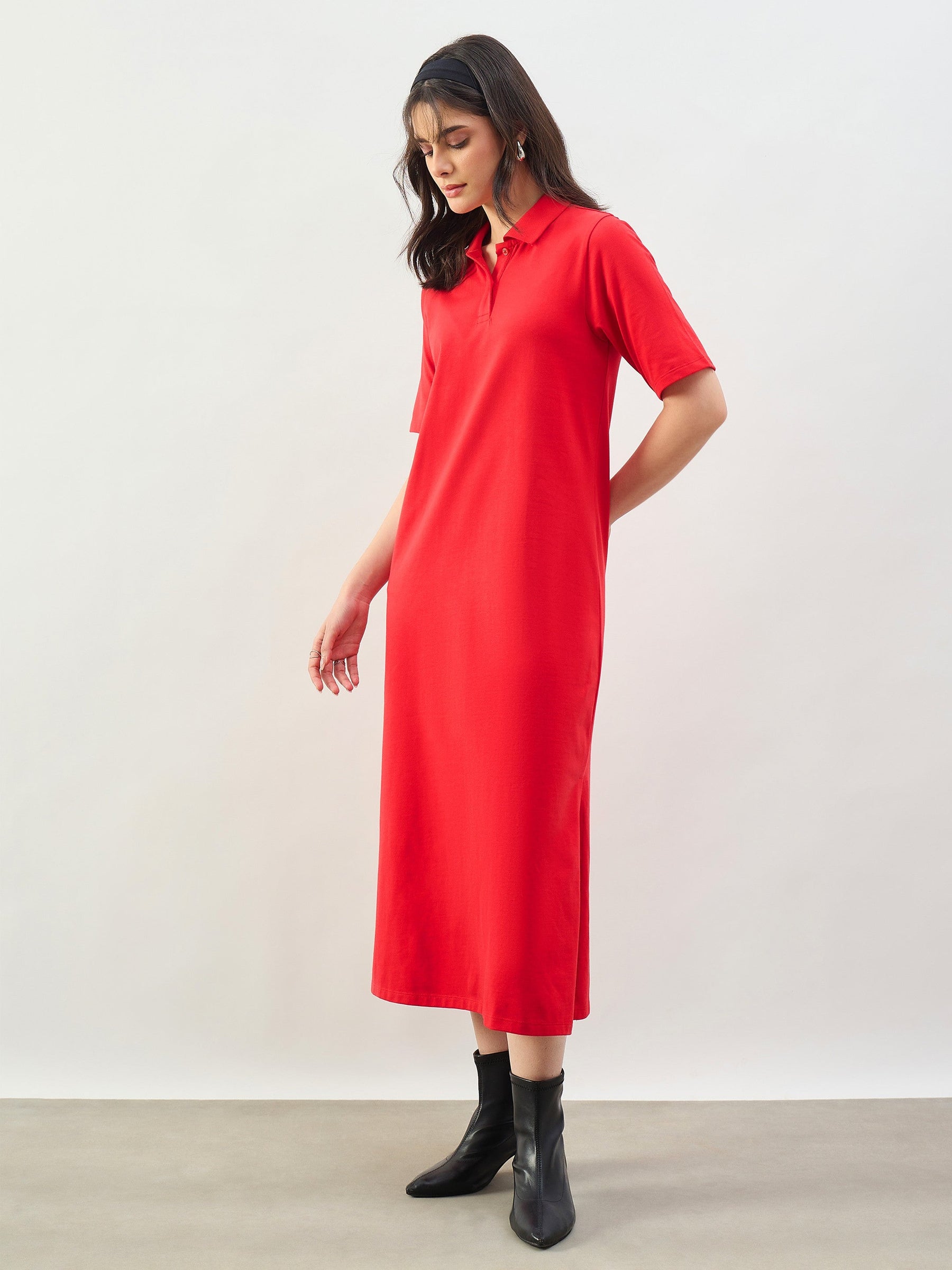 Red Oversized Polo Neck T-Shirt Dress-SASSAFRAS BASICS