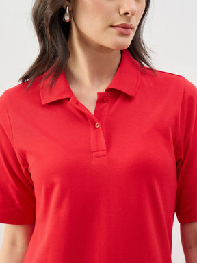 Red Oversized Polo Neck T-Shirt Dress-SASSAFRAS BASICS