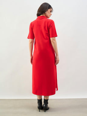 Red Oversized Polo Neck T-Shirt Dress-SASSAFRAS BASICS
