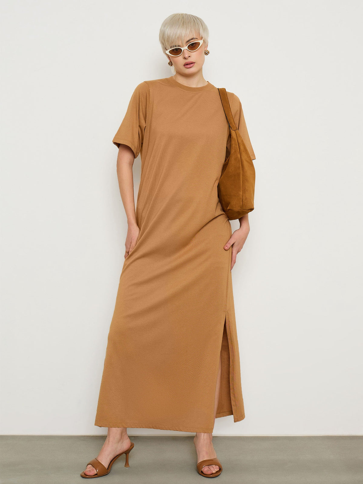 Tan Oversized Round Neck T-Shirt Maxi Dress-SASSAFRAS BASICS