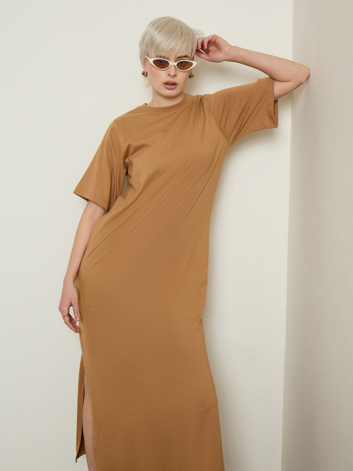 Tan Oversized Round Neck T-Shirt Maxi Dress-SASSAFRAS BASICS