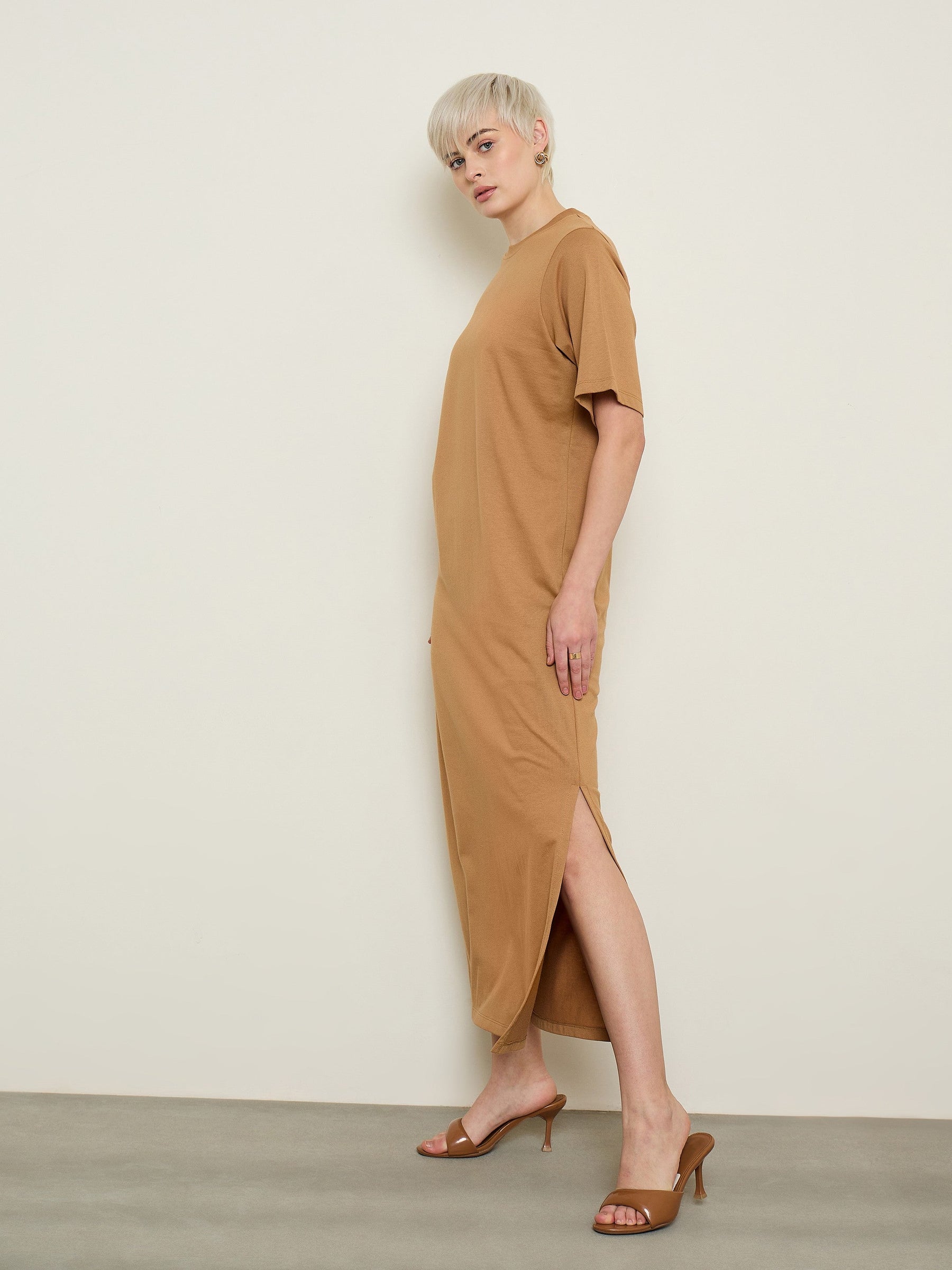 Tan Oversized Round Neck T-Shirt Maxi Dress-SASSAFRAS BASICS