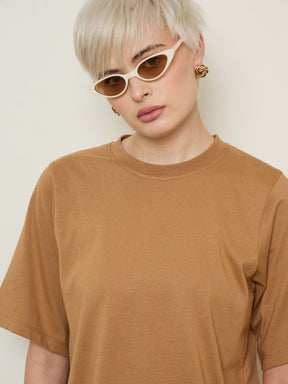 Tan Oversized Round Neck T-Shirt Maxi Dress-SASSAFRAS BASICS