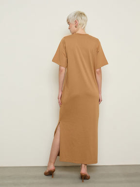 Tan Oversized Round Neck T-Shirt Maxi Dress-SASSAFRAS BASICS