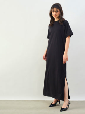 Black Oversized Round Neck T-Shirt Maxi Dress-SASSAFRAS BASICS