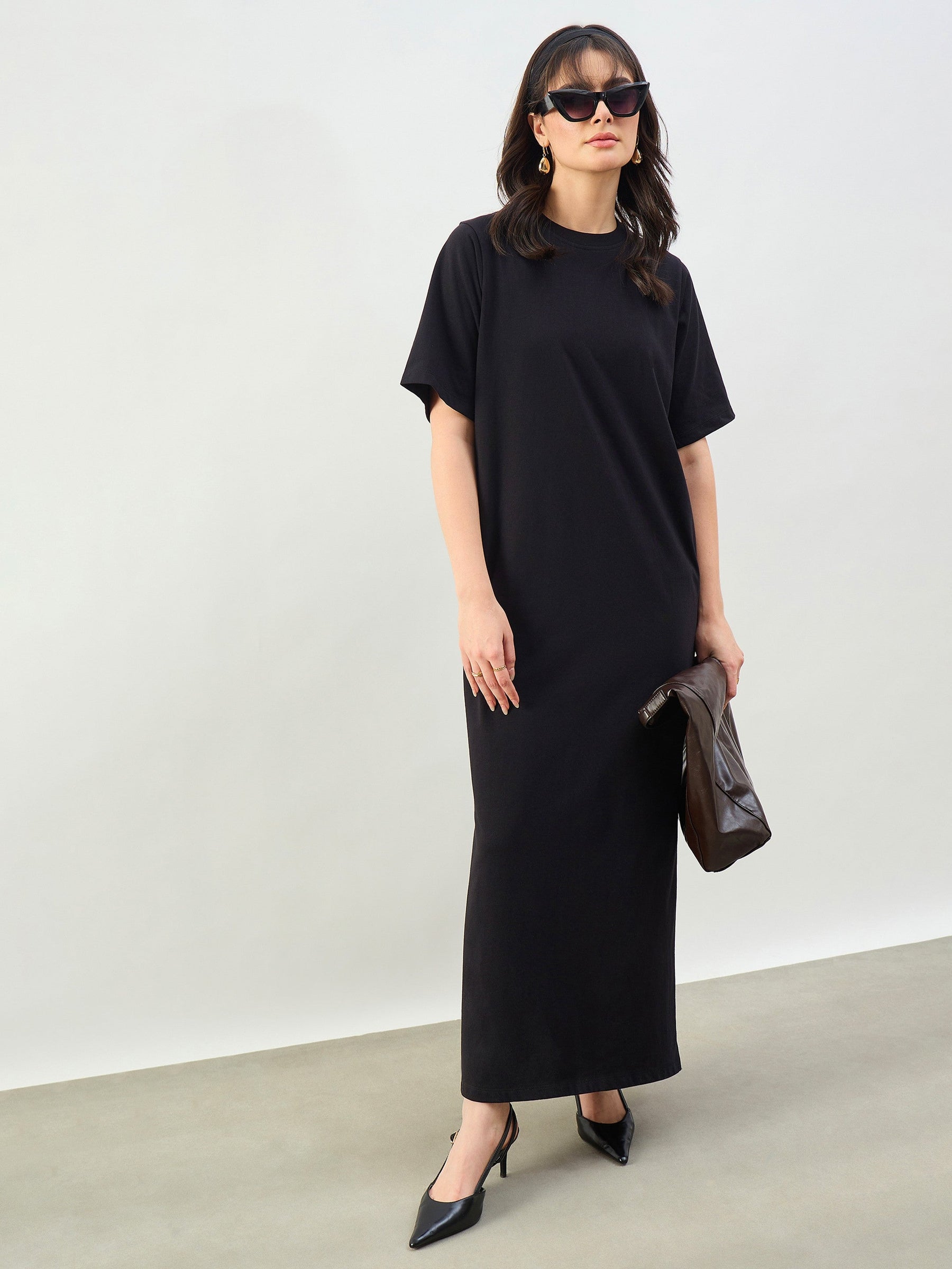 Black Oversized Round Neck T-Shirt Maxi Dress-SASSAFRAS BASICS