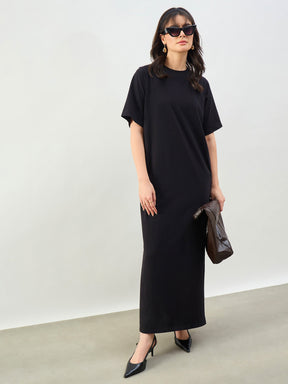Black Oversized Round Neck T-Shirt Maxi Dress-SASSAFRAS BASICS