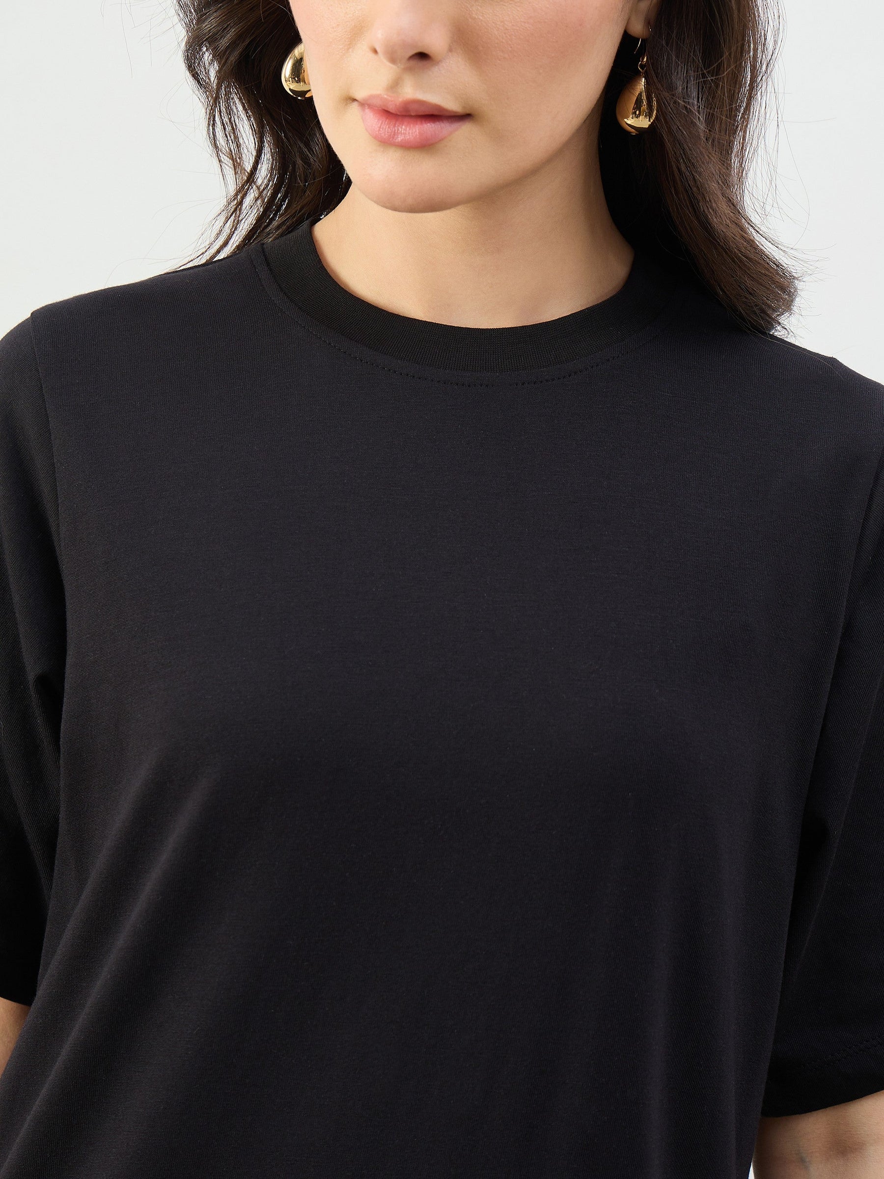 Black Oversized Round Neck T-Shirt Maxi Dress-SASSAFRAS BASICS
