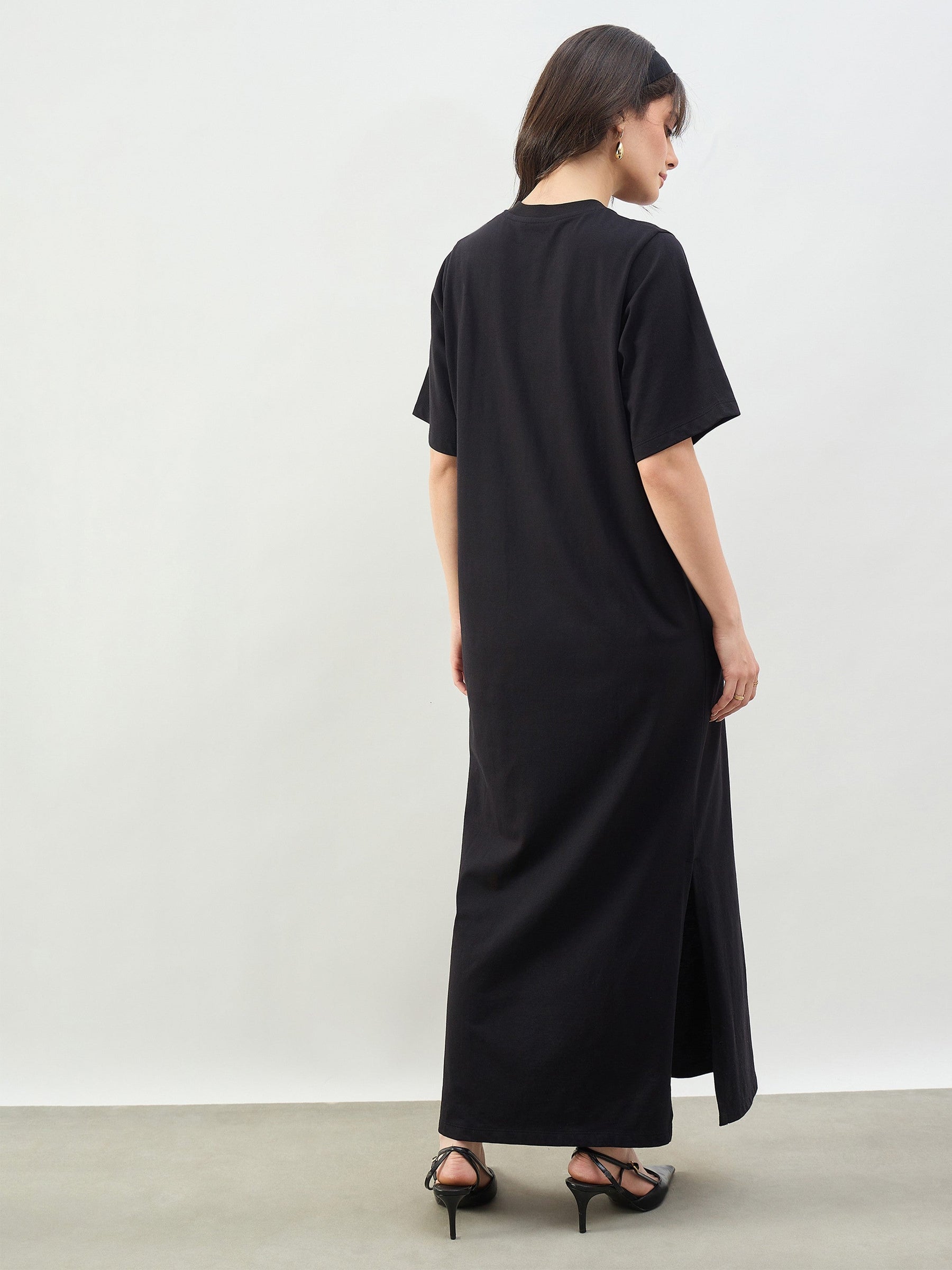 Black Oversized Round Neck T-Shirt Maxi Dress-SASSAFRAS BASICS