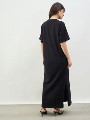 Black Oversized Round Neck T-Shirt Maxi Dress-SASSAFRAS BASICS