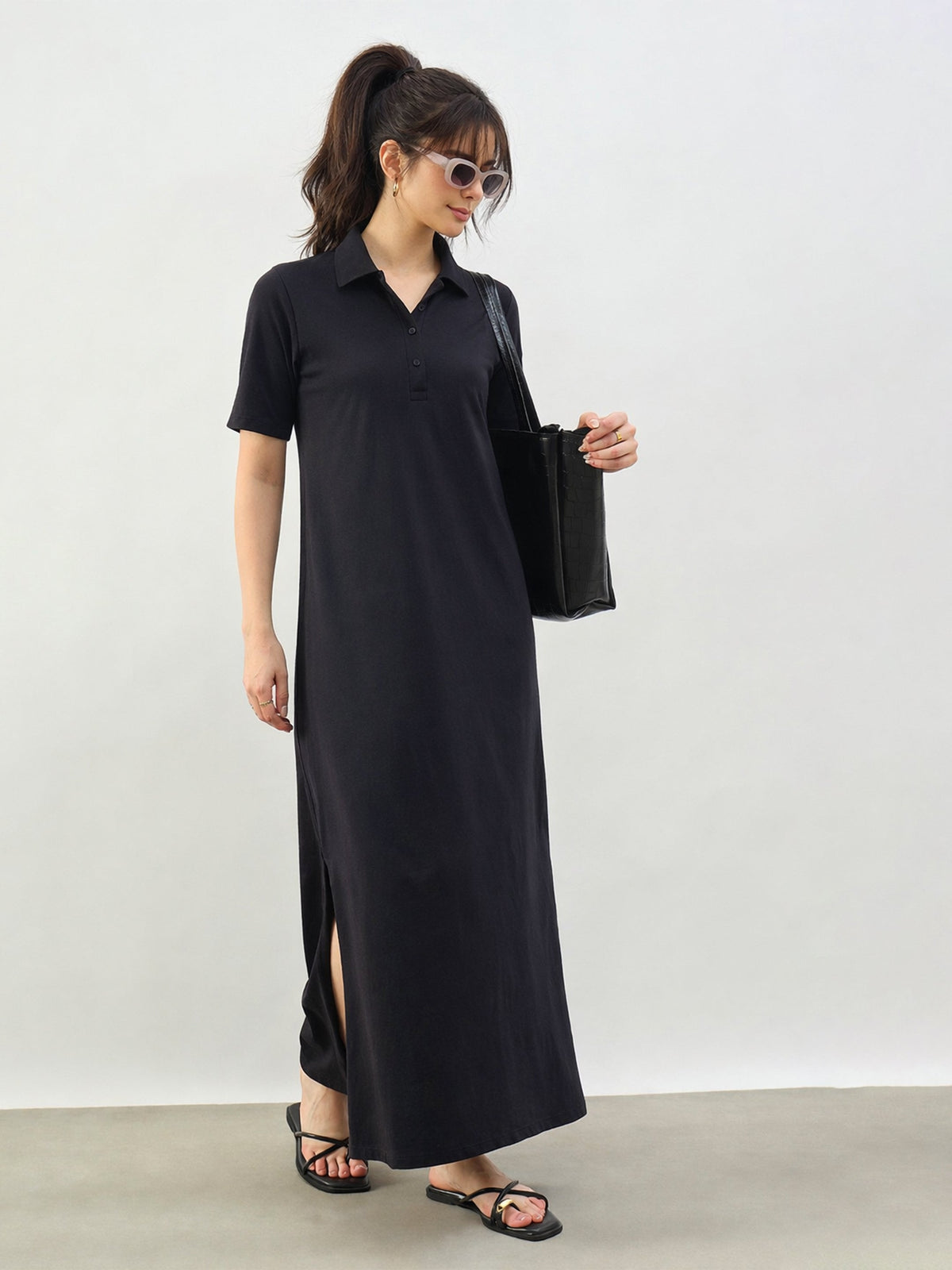 Black Oversized Polo Neck T-Shirt Maxi Dress-SASSAFRAS BASICS