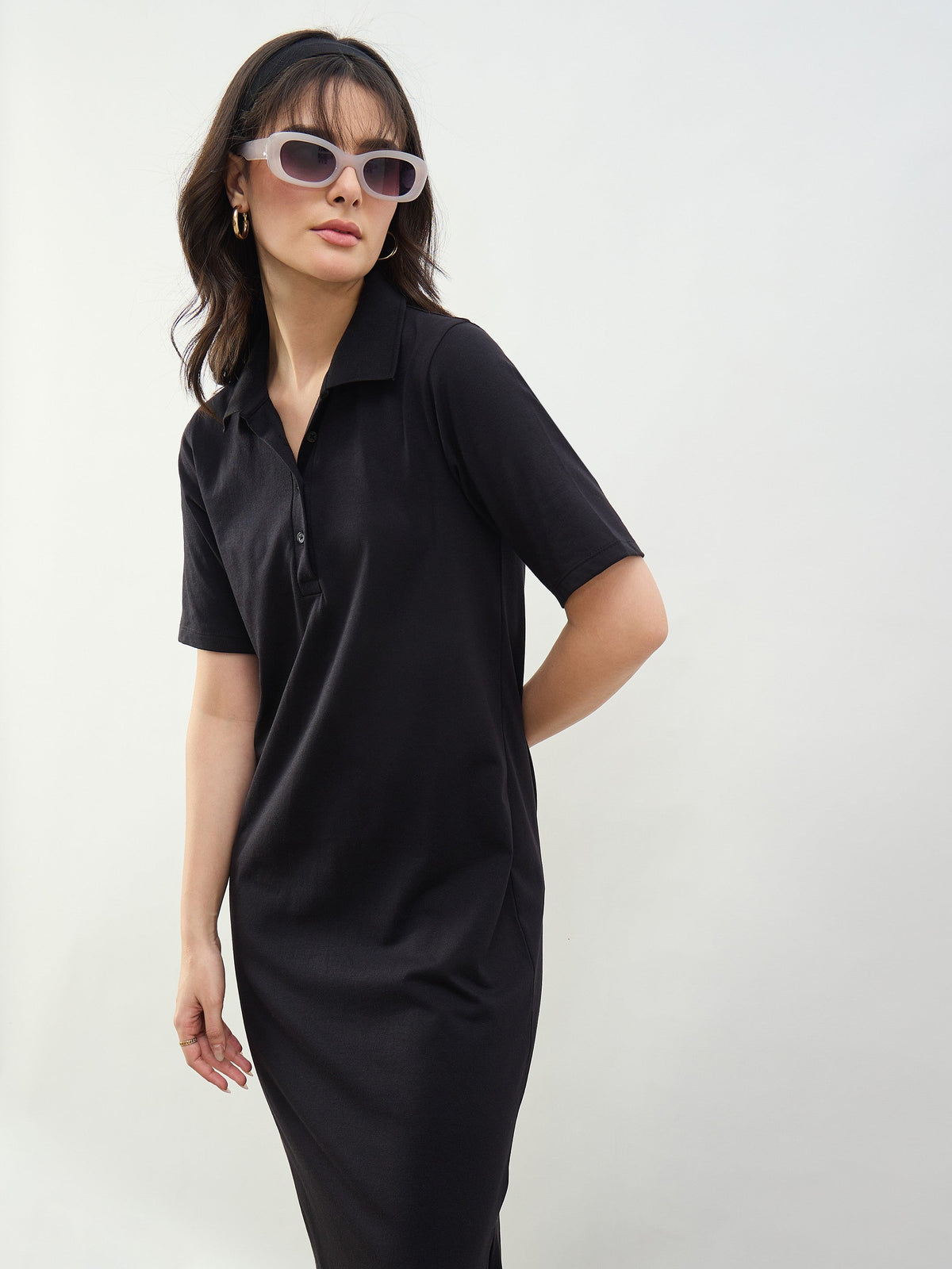Black Oversized Polo Neck T-Shirt Maxi Dress-SASSAFRAS BASICS