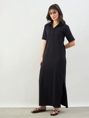 Black Oversized Polo Neck T-Shirt Maxi Dress-SASSAFRAS BASICS