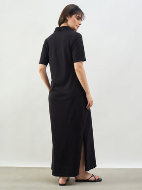 Black Oversized Polo Neck T-Shirt Maxi Dress-SASSAFRAS BASICS