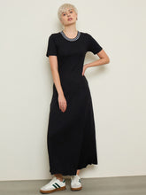 Black Short Sleeves Striped-Ribbed Neck Maxi Dress-SASSAFRAS BASICS