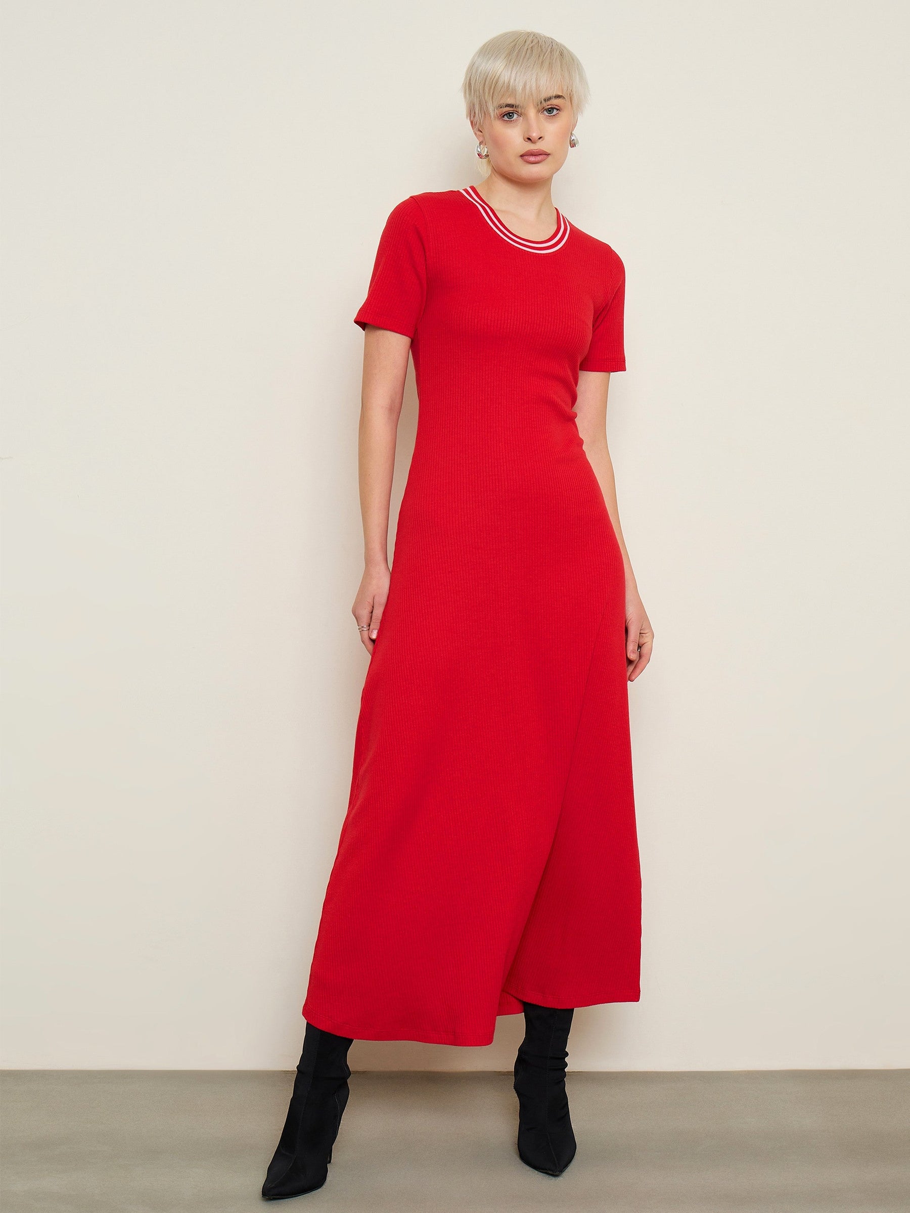 Red Short Sleeves Striped-Ribbed Neck Maxi Dress-SASSAFRAS BASICS
