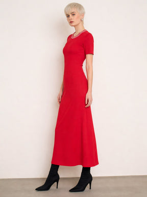 Red Short Sleeves Striped-Ribbed Neck Maxi Dress-SASSAFRAS BASICS