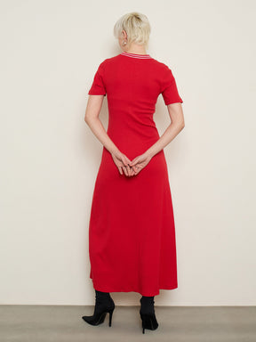 Red Short Sleeves Striped-Ribbed Neck Maxi Dress-SASSAFRAS BASICS