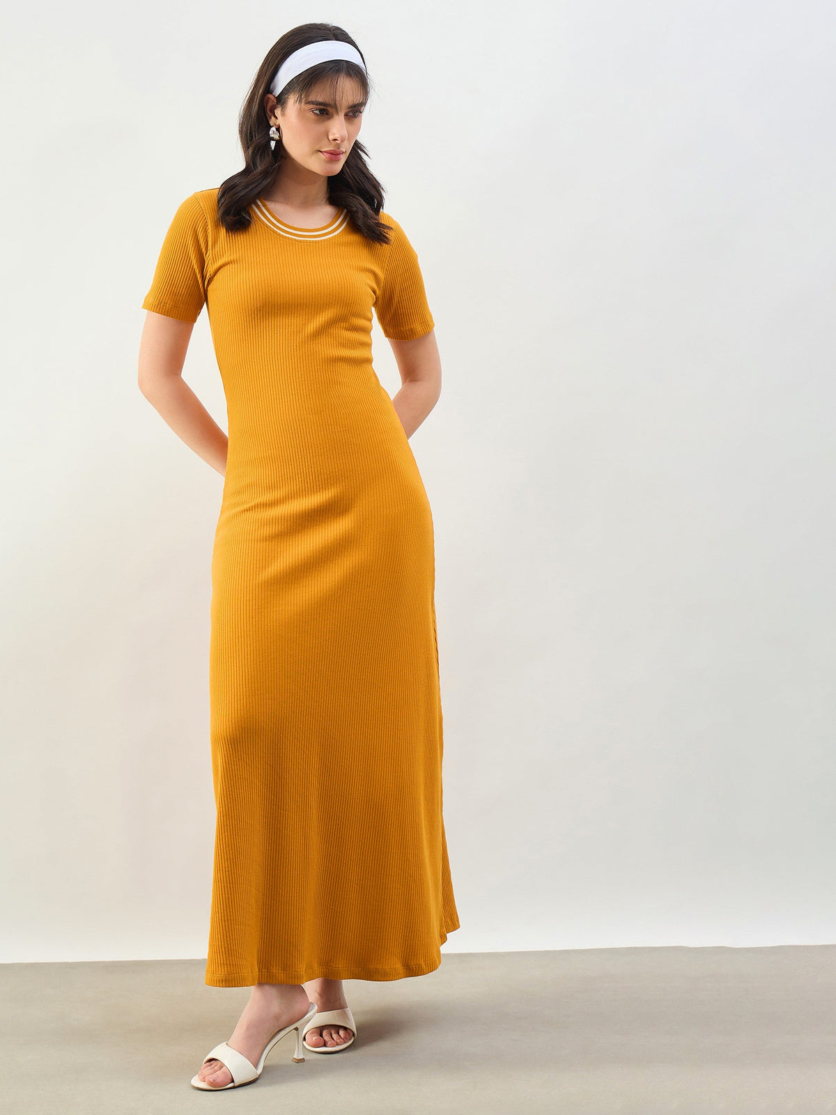 Mustard Short Sleeves Striped-Ribbed Neck Maxi Dress-SASSAFRAS BASICS
