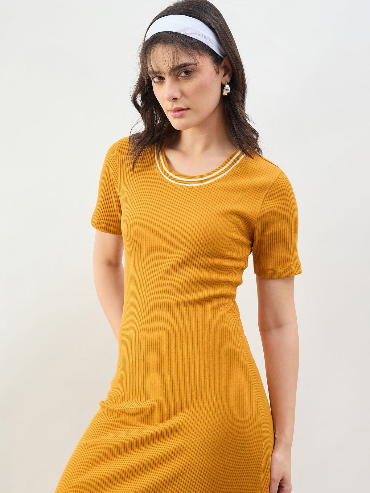 Mustard Short Sleeves Striped-Ribbed Neck Maxi Dress-SASSAFRAS BASICS
