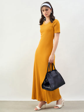 Mustard Short Sleeves Striped-Ribbed Neck Maxi Dress-SASSAFRAS BASICS