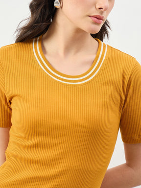 Mustard Short Sleeves Striped-Ribbed Neck Maxi Dress-SASSAFRAS BASICS
