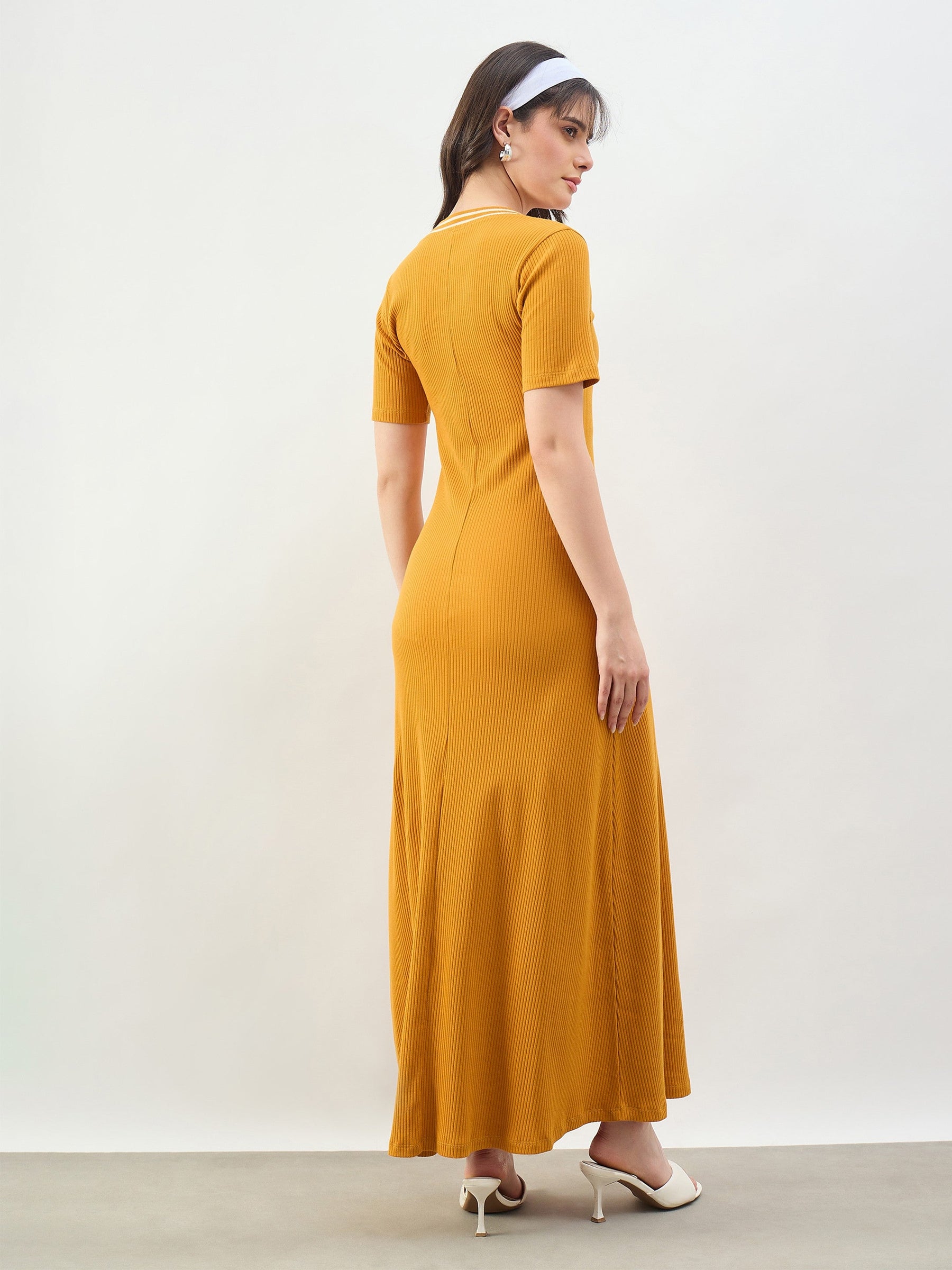 Mustard Short Sleeves Striped-Ribbed Neck Maxi Dress-SASSAFRAS BASICS