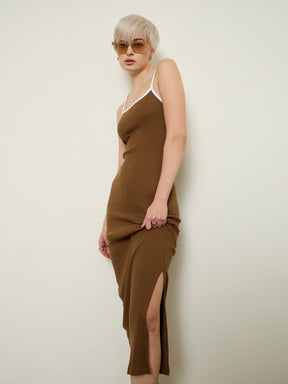 Tan Rib Contrast Piping Detail Strappy Maxi Dress-SASSAFRAS BASICS