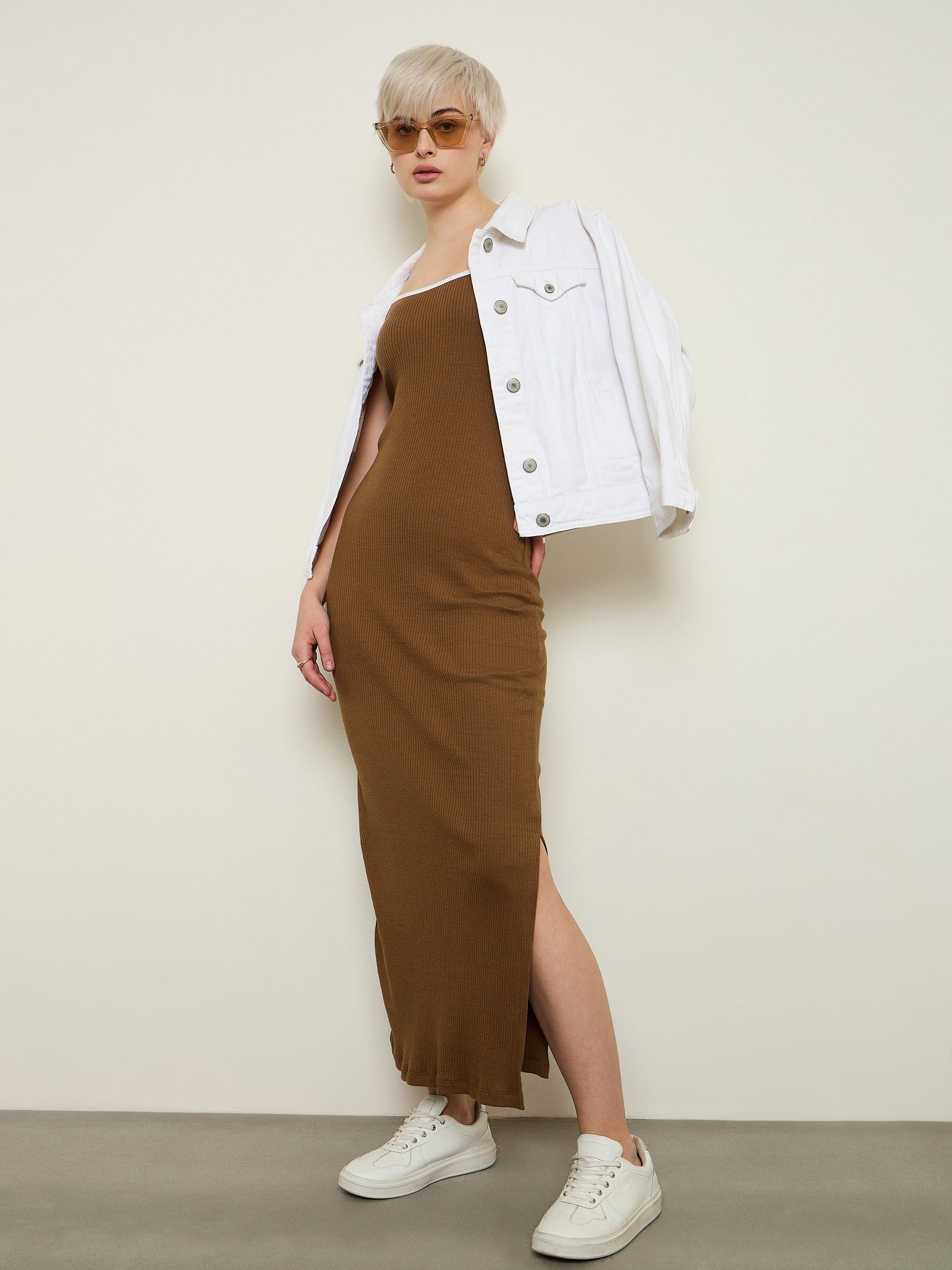 Tan Rib Contrast Piping Detail Strappy Maxi Dress-SASSAFRAS BASICS