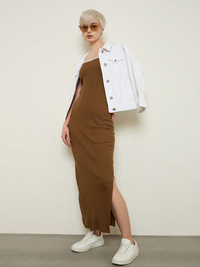 Tan Rib Contrast Piping Detail Strappy Maxi Dress-SASSAFRAS BASICS