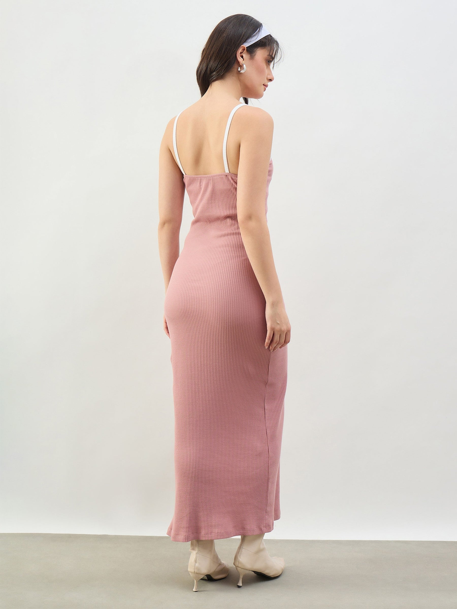 Pink Rib Contrast Piping Detail Strappy Maxi Dress-SASSAFRAS BASICS