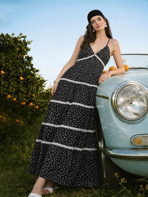 Black Ditsy Floral Strappy Tiered Maxi Dress-SASSAFRAS