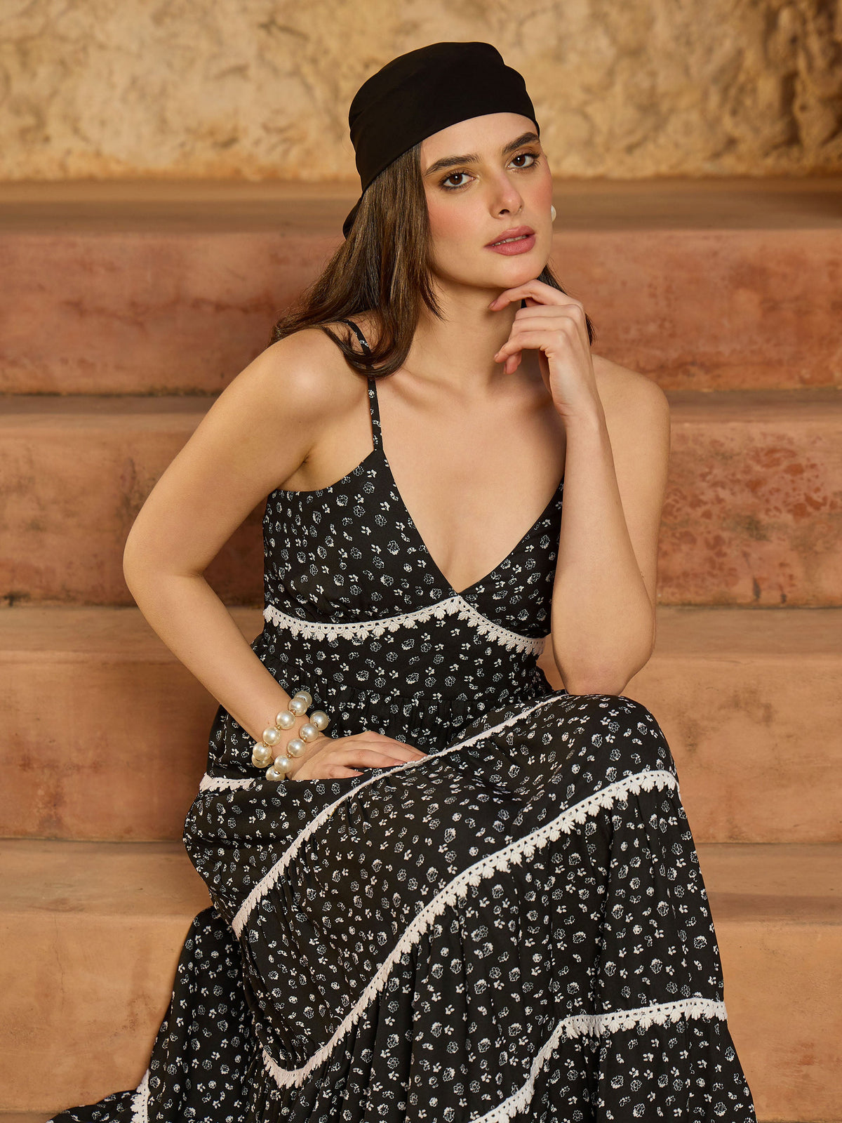 Black Ditsy Floral Strappy Tiered Maxi Dress-SASSAFRAS