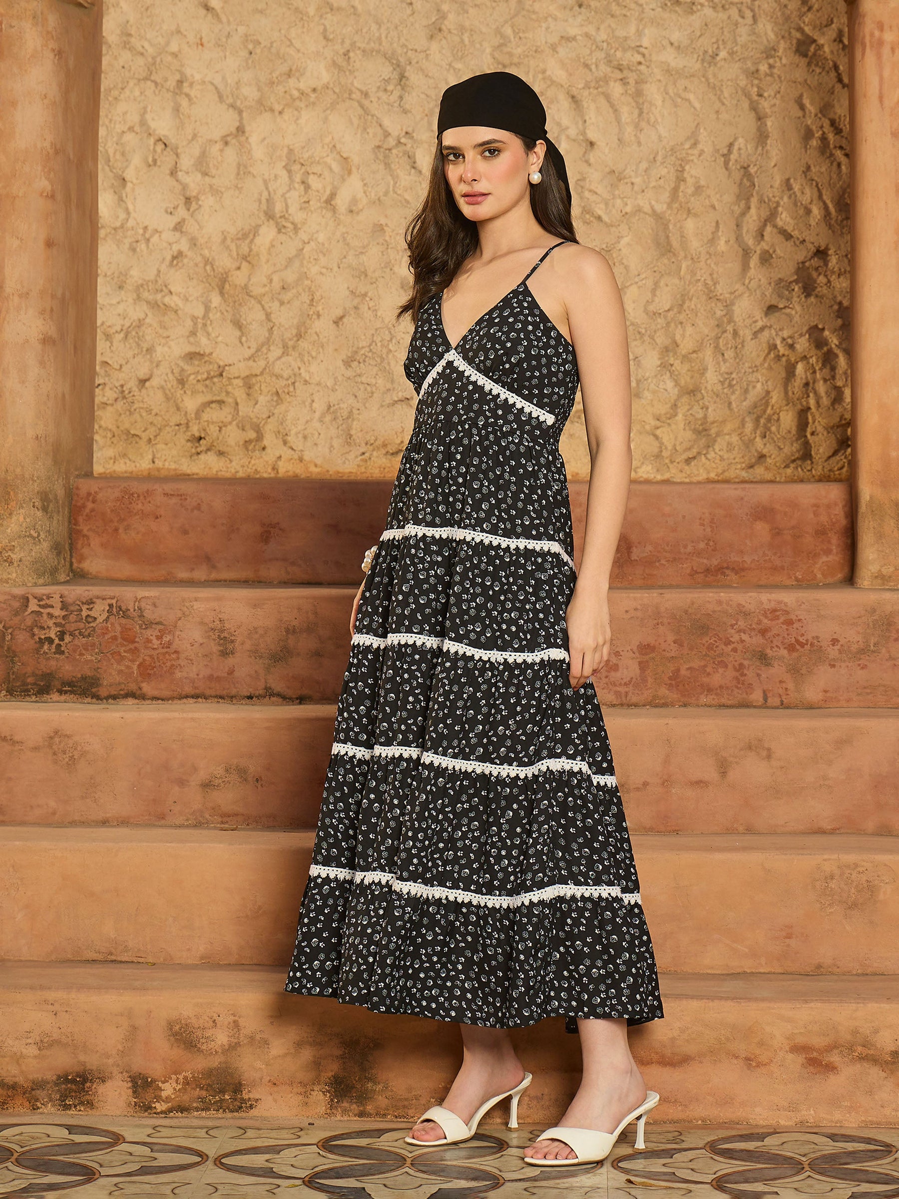 Black Ditsy Floral Strappy Tiered Maxi Dress-SASSAFRAS